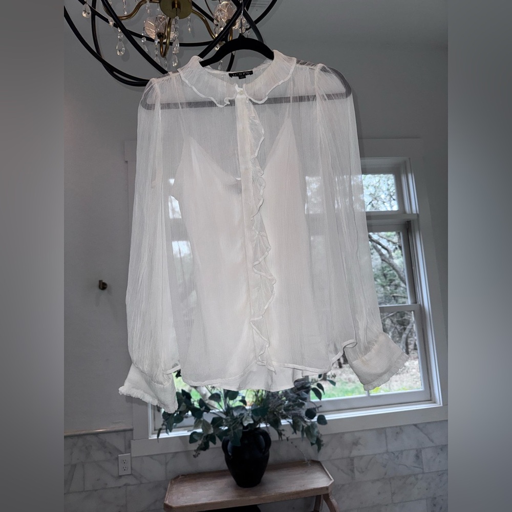 J.Crew Ivory Sheer Ruffle Blouse Size 6 Romantic Chiffon Top